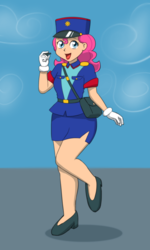 Size: 600x1000 | Tagged: safe, artist:empyu, pinkie pie, human, g4, anime, belt, clothes, crossover, cute, diapinkes, female, happy, hat, high heels, humanized, legs, lipstick, miniskirt, moe, officer jenny, pokémon, police, police uniform, shoes, side slit, skirt, smiling, solo