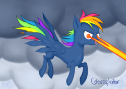 Size: 1066x750 | Tagged: safe, artist:colorsplatterpony, rainbow dash, pegasus, pony, g4, secrets and pies, evil pie hater dash, eye beams, fangs, female, flying, mare, solo