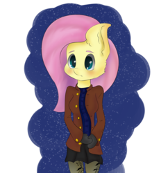 Size: 1158x1248 | Tagged: safe, artist:generallegion, fluttershy, anthro, g4, blushing, clothes, cute, female, jacket, mittens, pantyhose, skirt, solo