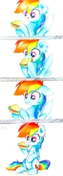 Size: 1224x3414 | Tagged: safe, artist:liaaqila, rainbow dash, pegasus, pony, g4, burger, commission, cute, dashabetes, eating, female, food, hay burger, liaaqila is trying to murder us, liaaqila is trying to murder us with dashabetes, licking, licking lips, mare, multicolored hair, nom, simple background, smiling, solo, tongue out, traditional art, weapons-grade cute