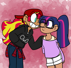 Size: 950x900 | Tagged: safe, artist:transboyjared, sci-twi, sunset shimmer, twilight sparkle, equestria girls, g4, alternate clothes, cuddling, female, human coloration, lesbian, one eye closed, owo, ship:sci-twishimmer, ship:sunsetsparkle, shipping, smiling, wink