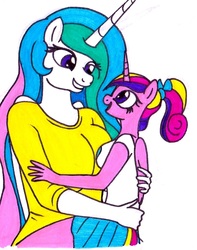 Size: 958x1218 | Tagged: safe, artist:killerteddybear94, derpibooru exclusive, princess cadance, princess celestia, alicorn, anthro, g4, aunt and niece, carrying, clothes, cropped, cute, duo, duo female, female, looking at each other, momlestia, open mouth, ponytail, shirt, skirt, smiling, t-shirt, teen princess cadance, traditional art