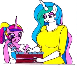 Size: 1303x1121 | Tagged: safe, artist:killerteddybear94, derpibooru exclusive, princess cadance, princess celestia, alicorn, anthro, g4, aunt and niece, cake, clothes, cropped, cute, duo, duo female, female, food, heart, lidded eyes, momlestia, ponytail, shirt, smiling, t-shirt, teen princess cadance, tongue out, traditional art