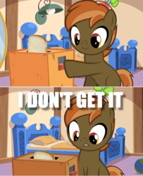 Size: 577x711 | Tagged: safe, artist:jan, edit, screencap, button mash, earth pony, pony, button's adventures, g4, bread, colt, comic, confused, dialogue, electronics, english, food, humor, i don't get it, image macro, machine, male, meme, smiling, solo, toaster