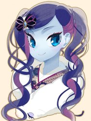 Size: 1254x1672 | Tagged: safe, artist:yam, rarity, equestria girls, g4, alternate hairstyle, clothes, eyeshadow, female, hairpin, kimono (clothing), makeup, simple background, smiling, solo