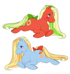 Size: 800x840 | Tagged: safe, artist:suzanami, applejack (g3), autumn skye, earth pony, pony, g3, blonde mane, bow, duo, duo female, female, green mane, long mane, lying down, mare, multicolored mane, tail, tail bow