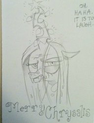 Size: 899x1177 | Tagged: safe, artist:andypriceart, queen chrysalis, pony, g4, andy you magnificent bastard, bust, female, merry christmas, merry chrysalis, monochrome, name pun, pun, queen chrysalis is not amused, solo, traditional art, unamused