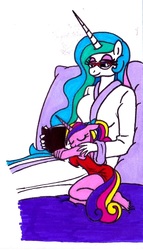 Size: 781x1364 | Tagged: safe, artist:killerteddybear94, princess cadance, princess celestia, alicorn, anthro, g4, aunt and niece, bathrobe, book, breasts, clothes, cropped, cute, duo, duo female, female, glasses, lidded eyes, momlestia, nightgown, pillow, ponytail, reading, robe, sideboob, size difference, sleeping, smiling, teen princess cadance, traditional art