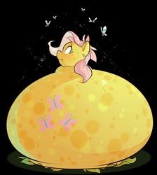 Size: 1149x1280 | Tagged: safe, artist:secretgoombaman12345, fluttershy, butterfly, hybrid, plant pony, g4, black background, blob, encasement, female, flower, immobile, inflation, looking back, neck roll, plant transformation, poison blob, poison joke, simple background, solo, transformation, trapped, worried