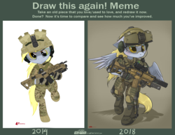 Size: 4494x3482 | Tagged: safe, artist:orang111, derpy hooves, pegasus, anthro, g4, armor, assault rifle, bipedal, cheek fluff, clothes, draw this again, ear fluff, exosuit, female, gloves, gun, helmet, mare, rifle, signature, solo, visor, weapon