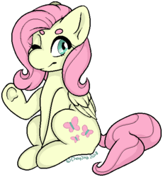 Size: 473x515 | Tagged: safe, artist:chey3tta, fluttershy, pegasus, pony, g4, female, folded wings, hi, looking at you, one eye closed, raised hoof, simple background, sitting, smiling, solo, transparent background, wink