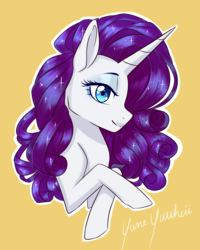 Size: 3200x4000 | Tagged: safe, artist:yumeyuuheii, rarity, pony, unicorn, g4, beautiful, bust, curly mane, cute, female, heart eyes, looking at you, mare, portrait, profile, raribetes, simple background, smiling, solo, sparkles, wingding eyes, yellow background