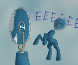 Size: 1356x1122 | Tagged: safe, artist:panzerhi, oc, oc only, original species, pony, saw pony, anime eyes, blue background, circular saw, eeee, eyes closed, female, grin, i can't believe it's not badumsquish, mare, rearing, simple background, smiling, solo, squee, wat