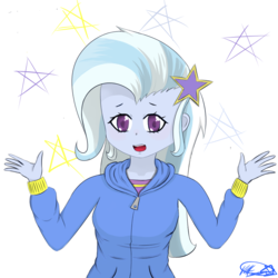Size: 920x920 | Tagged: safe, artist:radio-pony, trixie, equestria girls, g4, abstract background, cute, female, open mouth, solo
