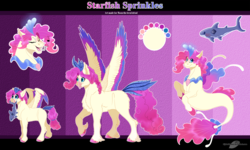 Size: 2339x1404 | Tagged: safe, artist:bijutsuyoukai, oc, oc only, oc:starfish sprinkles, classical hippogriff, hippogriff, pegasus, pony, seapony (g4), shark, bust, female, filly, magical lesbian spawn, mouth hold, offspring, parent:pinkie pie, parent:princess skystar, parents:skypie, plushie, portrait, shark plushie, solo