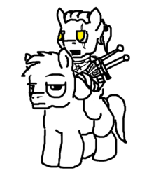 Size: 702x764 | Tagged: safe, artist:coolumbus, eye scar, geralt of rivia, ms paint, partial color, ponies riding ponies, riding, roach, scar, simple background, the witcher, unamused, white background