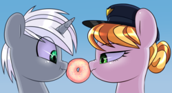 Size: 2209x1197 | Tagged: safe, artist:php69, copper top, oc, pony, g4, boop, donut, female, food, hat, male, mare, police officer, scrunchy face, stallion