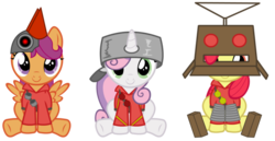 Size: 600x309 | Tagged: safe, artist:darkgloones, apple bloom, scootaloo, sweetie belle, robot, g4, clothes, cosplay, costume, cute, cutie mark crusaders, female, filly, line-up, robot chicken, scootabot, scootachicken, simple background, soldier, soldier (tf2), soldier pony, team fortress 2, transparent background, trio
