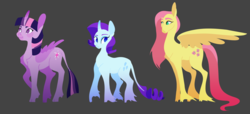 Size: 5500x2500 | Tagged: safe, artist:thebirbdraws, fluttershy, rarity, twilight sparkle, alicorn, classical unicorn, pegasus, pony, unicorn, g4, cloven hooves, curved horn, gray background, horn, leonine tail, line-up, simple background, smiling, trio, twilight sparkle (alicorn), unshorn fetlocks