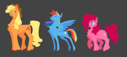 Size: 5500x2500 | Tagged: safe, artist:thebirbdraws, applejack, pinkie pie, rainbow dash, earth pony, pegasus, pony, g4, chest fluff, cloven hooves, cowboy hat, female, gray background, hat, line-up, mare, simple background, smiling, smirk, trio, unshorn fetlocks