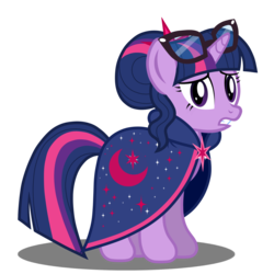 Size: 1417x1417 | Tagged: safe, artist:stellardusk, twilight sparkle, pony, unicorn, g4, alternate hairstyle, alternate universe, cape, clothes, female, glasses, hair bun, simple background, solo, transparent background, unicorn twilight, vector