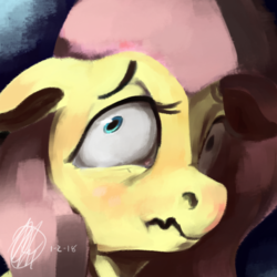 Size: 1000x1000 | Tagged: safe, artist:toisanemoif, fluttershy, pegasus, pony, g4, bust, face, female, floppy ears, looking sideways, portrait, scared, scrunchy face, solo, wide eyes