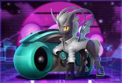 Size: 1329x900 | Tagged: safe, artist:scheadar, oc, oc only, changeling, changeling oc, clothes, future, futuristic, leaning, lightcycle, male, shirt, slit pupils, smiling, solo, tron, vehicle, white changeling, white shirt