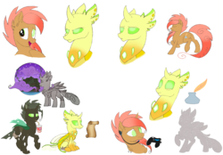Size: 2536x1761 | Tagged: safe, artist:pondhawk-d-baker, oc, oc only, oc:photograph, changedling, changeling, earth pony, pony, bandage, bust, changedling oc, cloud, controller, cup, cutie mark, drinking, headset, heart, ink, mushroom, night, open mouth, playing, quill, reading, scenery, scroll, simple background, sitting, smiling, solo, species swap, stars, straw, transparent background, tree stump, trotting