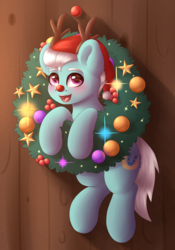 Size: 2100x3000 | Tagged: safe, alternate version, artist:spirit-dude, fleetfoot, pony, g4, christmas, christmas wreath, commission, female, hat, high res, holiday, looking at you, mare, santa hat, smiling, wreath, ych result