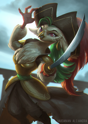 Size: 929x1300 | Tagged: safe, artist:maaronn, captain celaeno, bird, parrot, parrot pirates, g4, my little pony: the movie, airship, clothes, featured image, female, hat, looking at you, pirate, pirate hat, solo, sword, weapon