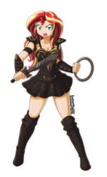Size: 2424x4000 | Tagged: safe, artist:danmakuman, sunset shimmer, human, g4, armor, armor skirt, beautiful, boots, breasts, chakram, cleavage, clothes, commission, female, high res, humanized, open mouth, shoes, simple background, skirt, solo, sword, thighs, transparent background, weapon, whip, xena