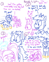Size: 1280x1611 | Tagged: safe, artist:adorkabletwilightandfriends, twilight sparkle, oc, oc:greg, alicorn, pony, unicorn, comic:adorkable twilight and friends, g4, adorkable, adorkable twilight, ass up, autumn, bowtie, comic, cute, dialogue, dork, face down ass up, falling, female, humor, ice, ice skating, lineart, mare, practice, skating, slice of life, smiling, tail, twilight sparkle (alicorn), winter