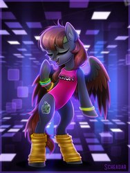 Size: 900x1200 | Tagged: safe, artist:scheadar, oc, oc only, oc:acid etching, pegasus, pony, 80's fashion, bipedal, bracelet, clothes, eyes closed, female, jewelry, leg warmers, leotard, mare, neon, open mouth, solo, tron, workout outfit