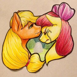 Size: 1024x1024 | Tagged: safe, artist:evakulisreal, apple bloom, applejack, earth pony, pony, g4, bow, crying, eyes closed, female, hair bow, mare, sad, traditional art