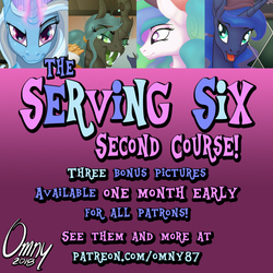 Size: 800x800 | Tagged: safe, artist:omny87, princess celestia, princess luna, queen chrysalis, trixie, changeling, anthro, series:the serving six, g4, advertisement, looking at you, patreon, patreon preview, smiling, smirk