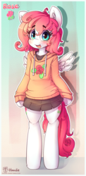 Size: 733x1500 | Tagged: safe, artist:hoodie, oc, oc only, oc:rose, pegasus, semi-anthro, bipedal, blushing, clothes, cute, female, flower, hoodie, miniskirt, moe, ocbetes, open mouth, pleated skirt, rose, shirt, skirt, smiling, solo, spread wings, underhoof, wings