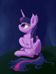 Size: 3000x4000 | Tagged: safe, artist:coldtrail, twilight sparkle, alicorn, pony, g4, chest fluff, female, high res, night, shooting star, sitting, solo, starry night, stars, twilight sparkle (alicorn), wing fluff