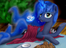 Size: 4086x2988 | Tagged: safe, artist:rnghat, princess luna, alicorn, pony, g4, blanket, cookie, cup, female, food, magic, mare, prone, solo, telekinesis