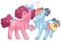 Size: 7713x5469 | Tagged: safe, artist:bewarethemusicman, pinkie pie, rainbow dash, earth pony, pegasus, pony, g4, absurd resolution, blushing, bow, chest fluff, female, heart, holding hooves, lesbian, looking away, mare, open mouth, ship:pinkiedash, shipping, simple background, white background