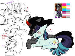 Size: 1280x960 | Tagged: safe, artist:suenden-hund, coloratura, king sombra, g4, coloratura is amused, crack shipping, curved horn, demigirl, female, heart, horn, king sombra is not amused, lesbian, music notes, pride, prone, queen sombrina the pansexual trans woman, queen umbra, rule 63, shipping, simple background, sombratura, t4t, trans female, transgender, white background