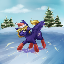 Size: 1500x1494 | Tagged: safe, artist:kand, oc, oc only, oc:cloud quake, pegasus, pony, christmas, hat, holiday, ice, ice skates, ice skating, lake, male, santa hat, snow, solo, tree, winter, ych result