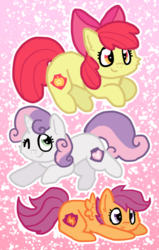 Size: 514x810 | Tagged: dead source, safe, artist:raystarkitty, apple bloom, scootaloo, sweetie belle, earth pony, pegasus, pony, unicorn, g4, abstract background, alternate cutie mark, cheek fluff, cutie mark, cutie mark crusaders, female, filly, kidcore, one eye closed, the cmc's cutie marks, trio, wink