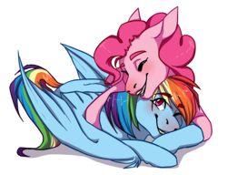 Size: 1300x1000 | Tagged: safe, artist:fluffyrainbowsheep, pinkie pie, rainbow dash, earth pony, pegasus, pony, g4, cuddling, cute, dashabetes, diapinkes, eyes closed, female, lesbian, mare, one eye closed, open mouth, ship:pinkiedash, shipping, simple background, smiling, snuggling, transparent background