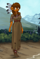 Size: 1081x1582 | Tagged: safe, artist:marsminer, oc, oc only, oc:venus spring, anthro, plantigrade anthro, choker, clothes, dress, feather, female, native american, solo