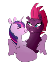 Size: 850x1122 | Tagged: safe, artist:solgaleolesbian, fizzlepop berrytwist, tempest shadow, twilight sparkle, alicorn, pony, g4, my little pony: the movie, female, hug, lesbian, ship:tempestlight, shipping, simple background, transparent background, twilight sparkle (alicorn), winghug