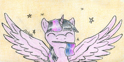 Size: 1256x626 | Tagged: safe, artist:azkre, twilight sparkle, alicorn, pony, g4, bilight sparkle, bisexual pride flag, bisexuality, eyes closed, female, mare, mouth hold, pride, pride flag, solo, spread wings, traditional art, twilight sparkle (alicorn), twilight sparkle is amused, wings