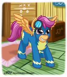Size: 720x822 | Tagged: safe, artist:texasuberalles, part of a set, scootaloo, pegasus, pony, g4, clothes, clubhouse, crusaders clubhouse, female, filly, goggles, grin, smiling, solo, uniform, wonderbolts uniform
