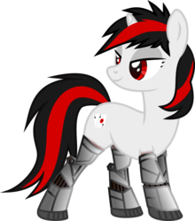 Size: 800x908 | Tagged: safe, artist:littlestarwanderer, oc, oc only, oc:blackjack, cyborg, pony, unicorn, fallout equestria, fallout equestria: project horizons, amputee, cyber legs, cybernetic legs, female, level 2 (project horizons), lidded eyes, mare, simple background, solo, transparent background