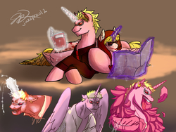 Size: 800x600 | Tagged: safe, artist:jazzprowl2, alicorn, pony, angry, book, crossover, donquixote doflamingo, donquixote rosinante, magic, one piece, ponified, prone, reading, telekinesis, tongue out, vein, vein bulge