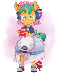 Size: 1280x1600 | Tagged: safe, artist:kryptchild, snails, snail, unicorn, anthro, g4, anime, clothes, crossdressing, crossover, cute, cutie mark, diasnails, dress, glitter shell, holding, knuckles the echidna, made in abyss, male, maruruk, meme, shoes, solo, sonic the hedgehog, sonic the hedgehog (series), ugandan knuckles, wat